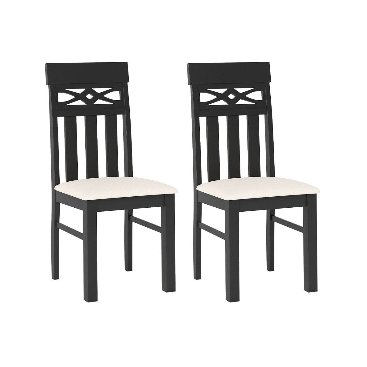 Set of 2 High Back Dining Chairs with Diamond Cut Out Rail, Black Rubber Wood and Cream Faux Linen Seat