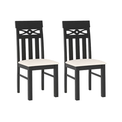 Set of 2 High Back Dining Chairs with Diamond Cut Out Rail, Black Rubber Wood and Cream Faux Linen Seat