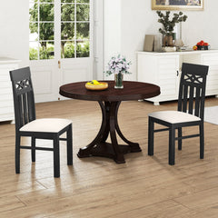 Set of 2 High Back Dining Chairs with Diamond Cut Out Rail, Black Rubber Wood and Cream Faux Linen Seat