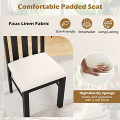 Set of 2 High Back Dining Chairs with Diamond Cut Out Rail, Black Rubber Wood and Cream Faux Linen Seat