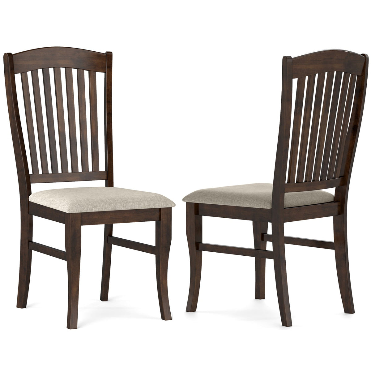 Set of 2 Tall Slat Back Dining Chairs, Dark Brown Rubber Wood with Beige Linen Padded Seat, 400 lb