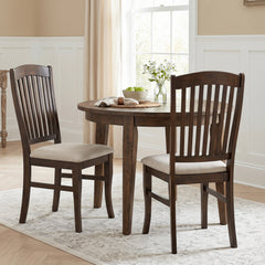 Set of 2 Tall Slat Back Dining Chairs, Dark Brown Rubber Wood with Beige Linen Padded Seat, 400 lb
