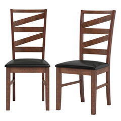Set of 2 Zigzag Slat Back Dining Chairs, Walnut Rubber Wood with Black PU Leather Seat
