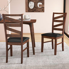 Set of 2 Zigzag Slat Back Dining Chairs, Walnut Rubber Wood with Black PU Leather Seat