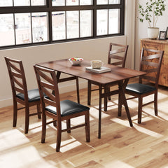 Set of 2 Zigzag Slat Back Dining Chairs, Walnut Rubber Wood with Black PU Leather Seat