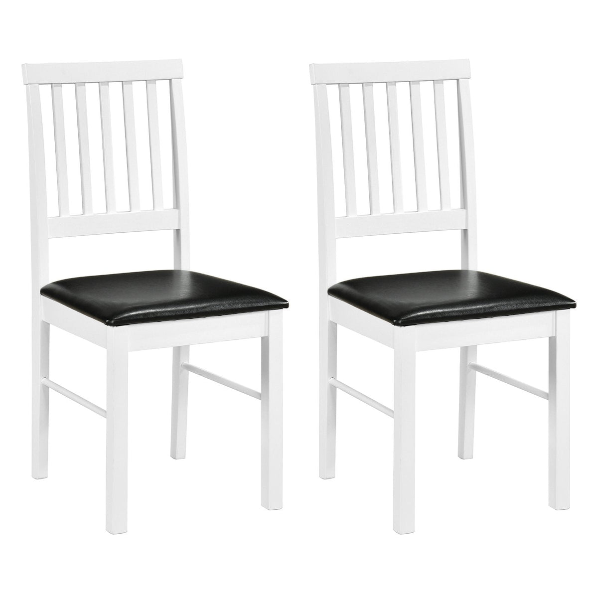 Set of 2 White Slat Back Dining Chairs, Solid Rubber Wood Legs with Black PU Leather Seat