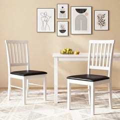 Set of 2 White Slat Back Dining Chairs, Solid Rubber Wood Legs with Black PU Leather Seat