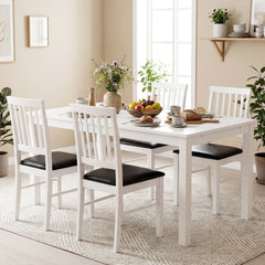 Set of 2 White Slat Back Dining Chairs, Solid Rubber Wood Legs with Black PU Leather Seat