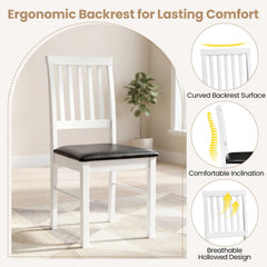 Set of 2 White Slat Back Dining Chairs, Solid Rubber Wood Legs with Black PU Leather Seat