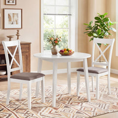 Set of 2 White X Back Dining Chairs, Rubber Wood with Taupe Grey Linen Padded Seat