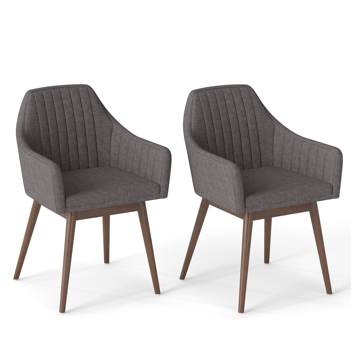 Set of 2 Upholstered Dining Armchairs, Mid Grey Channel Stitched Fabric with Walnut Rubber Wood Legs