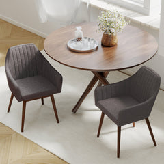 Set of 2 Upholstered Dining Armchairs, Mid Grey Channel Stitched Fabric with Walnut Rubber Wood Legs