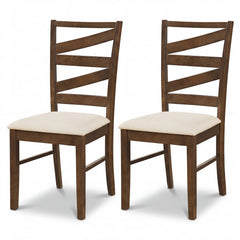 Set of 2 Zigzag Slat Back Dining Chairs, Brown Rubber Wood with Beige Linen Padded Seat
