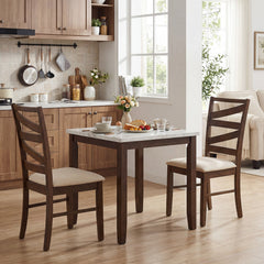 Set of 2 Zigzag Slat Back Dining Chairs, Brown Rubber Wood with Beige Linen Padded Seat