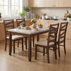 Set of 2 Zigzag Slat Back Dining Chairs, Brown Rubber Wood with Beige Linen Padded Seat