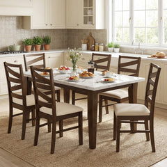 Set of 2 Zigzag Slat Back Dining Chairs, Brown Rubber Wood with Beige Linen Padded Seat