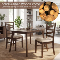 Set of 2 Zigzag Slat Back Dining Chairs, Brown Rubber Wood with Beige Linen Padded Seat