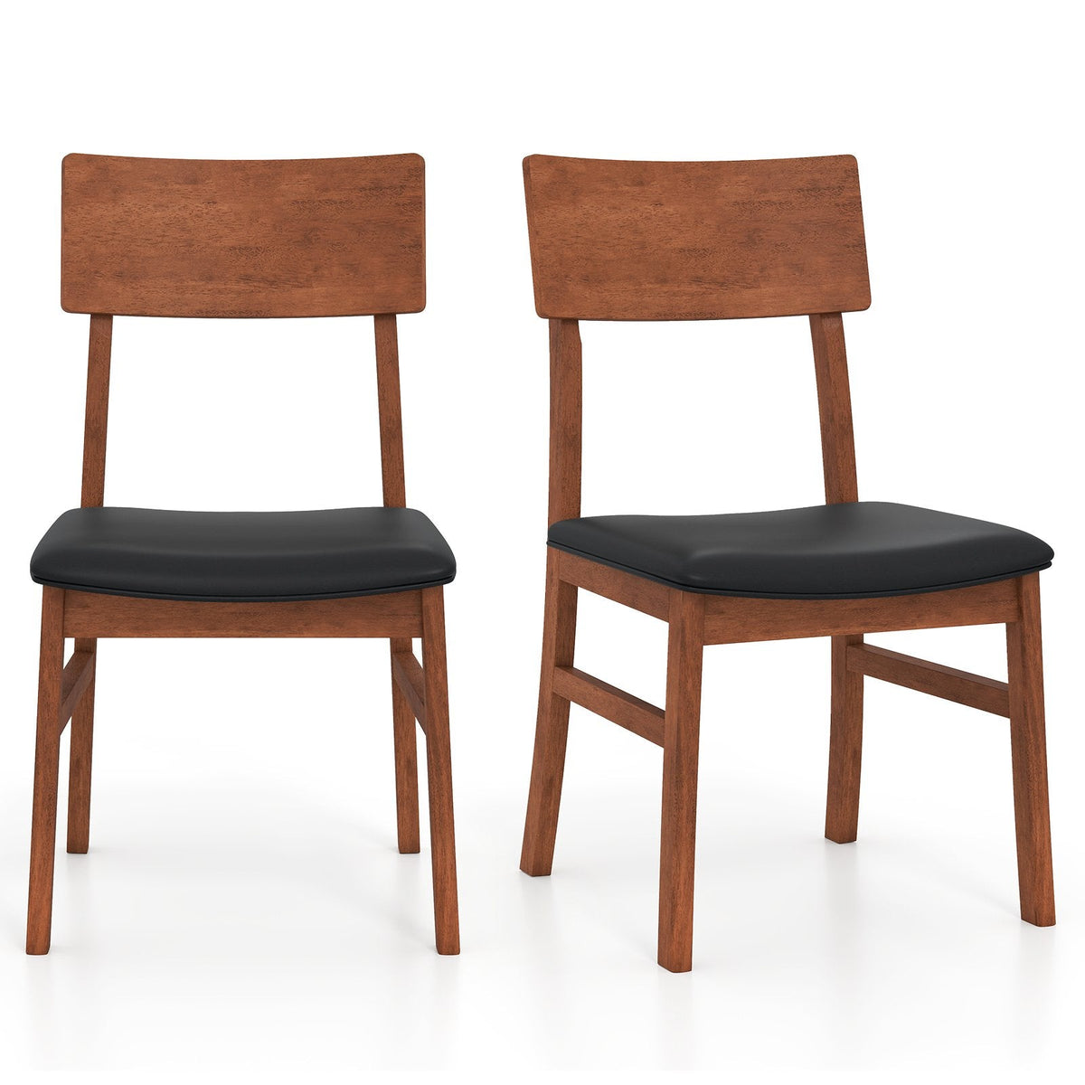 Set of 2 Dining Chairs, Walnut Tone Rubber Wood with Black PVC Leather Seat and Panel Back