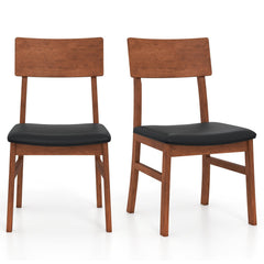 Set of 2 Dining Chairs, Walnut Tone Rubber Wood with Black PVC Leather Seat and Panel Back