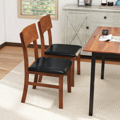 Set of 2 Dining Chairs, Walnut Tone Rubber Wood with Black PVC Leather Seat and Panel Back