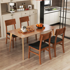 Set of 2 Dining Chairs, Walnut Tone Rubber Wood with Black PVC Leather Seat and Panel Back