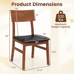 Set of 2 Dining Chairs, Walnut Tone Rubber Wood with Black PVC Leather Seat and Panel Back