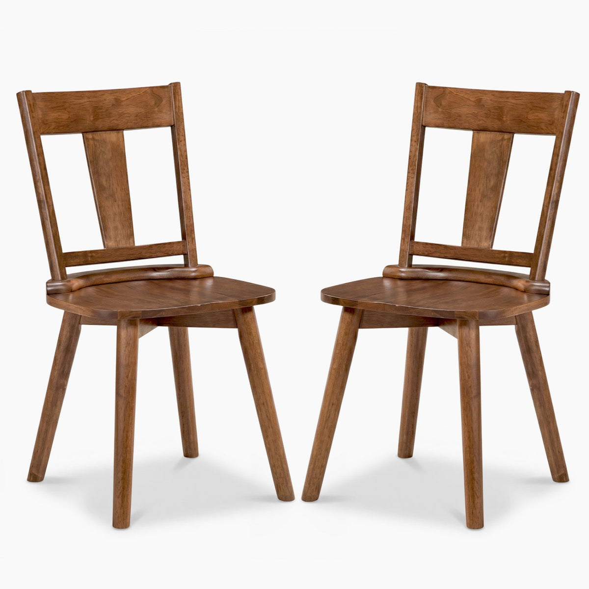 Set of 2 Rustic Walnut Dining Chairs, Solid Rubber Wood with Hip Contoured Wooden Seat, 400 lb
