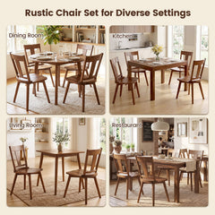 Set of 2 Rustic Walnut Dining Chairs, Solid Rubber Wood with Hip Contoured Wooden Seat, 400 lb