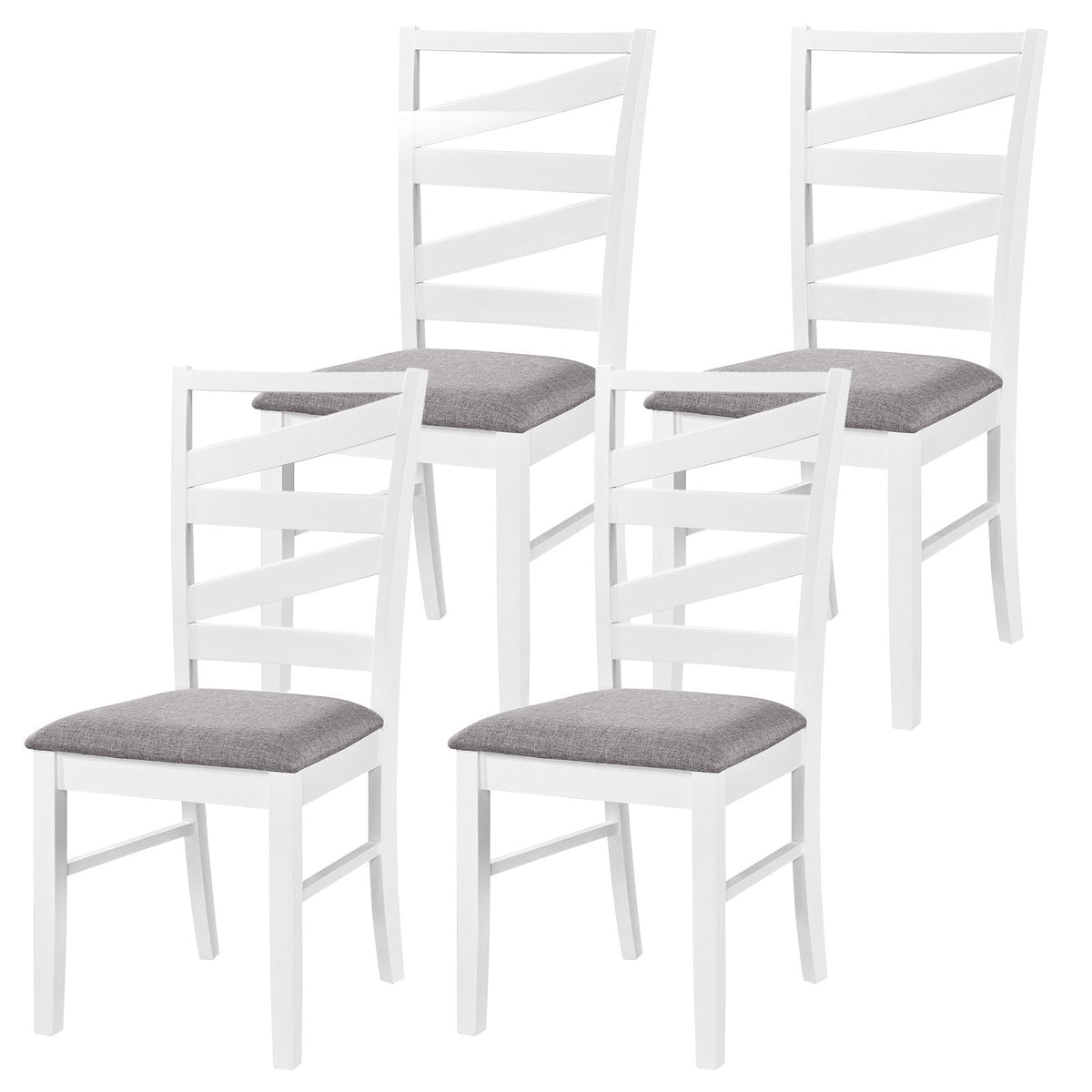 Set of 4 Zigzag Slat Back Dining Chairs, White Rubber Wood with Grey Linen Padded Seats