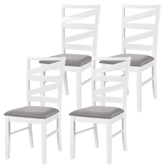 Set of 4 Zigzag Slat Back Dining Chairs, White Rubber Wood with Grey Linen Padded Seats