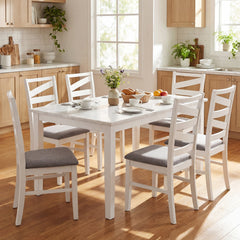 Set of 4 Zigzag Slat Back Dining Chairs, White Rubber Wood with Grey Linen Padded Seats