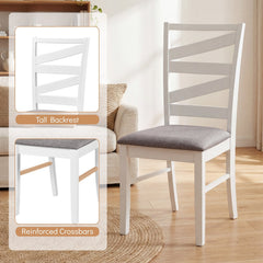 Set of 4 Zigzag Slat Back Dining Chairs, White Rubber Wood with Grey Linen Padded Seats