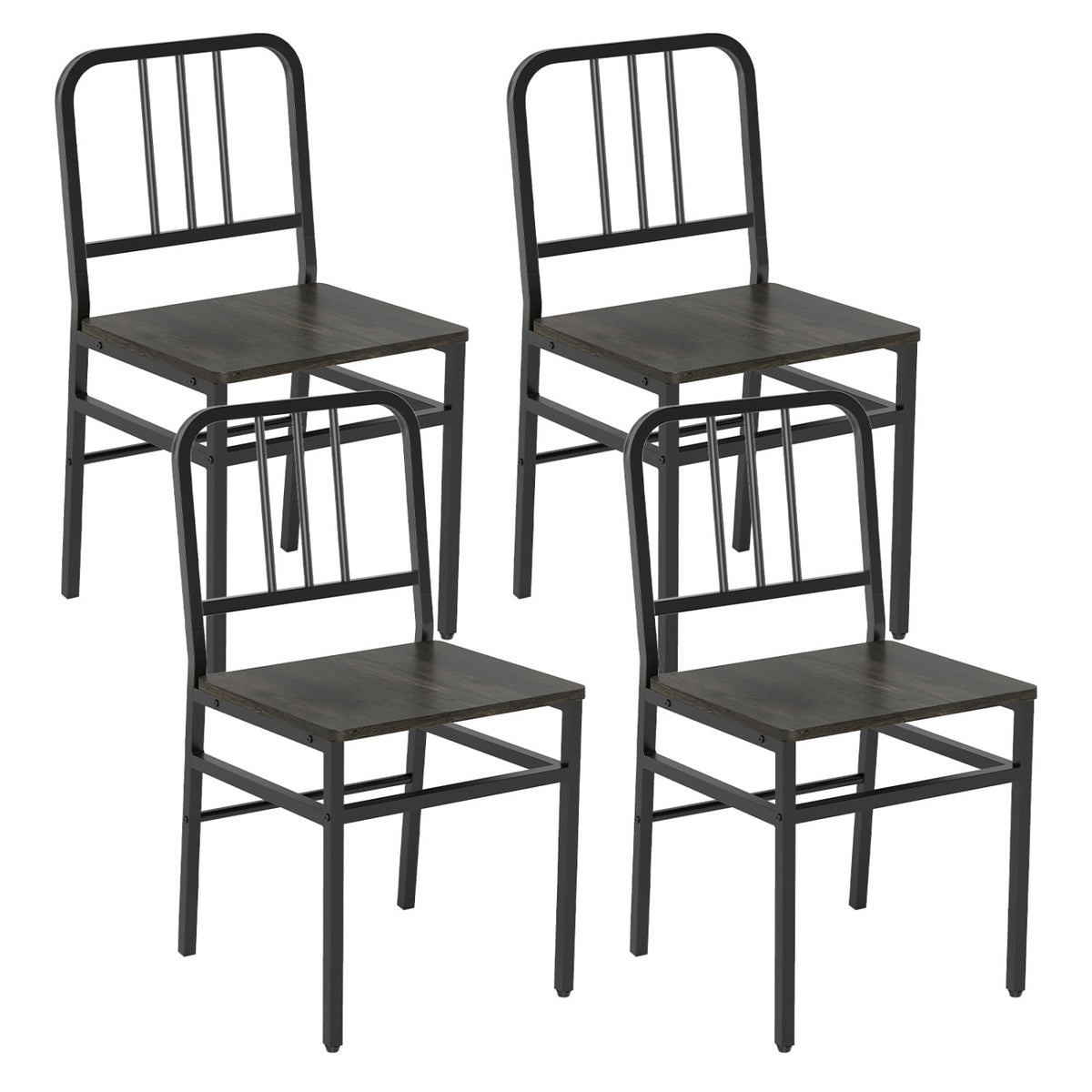 Set of 4 Metal Dining Chairs with Slatted Back and Grey Wood Grain Seat, Black Frame
