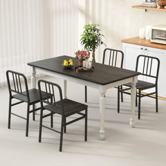 Set of 4 Metal Dining Chairs with Slatted Back and Grey Wood Grain Seat, Black Frame