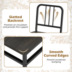 Set of 4 Metal Dining Chairs with Slatted Back and Grey Wood Grain Seat, Black Frame