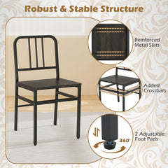 Set of 4 Metal Dining Chairs with Slatted Back and Grey Wood Grain Seat, Black Frame