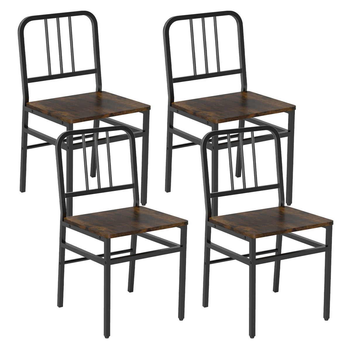 Set of 4 Metal Dining Chairs with Slatted Back and Rustic Brown Wood Grain Seat, Black Frame
