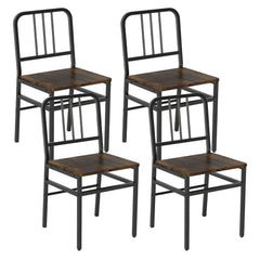 Set of 4 Metal Dining Chairs with Slatted Back and Rustic Brown Wood Grain Seat, Black Frame