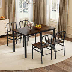 Set of 4 Metal Dining Chairs with Slatted Back and Rustic Brown Wood Grain Seat, Black Frame