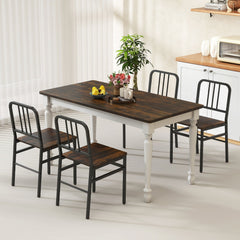 Set of 4 Metal Dining Chairs with Slatted Back and Rustic Brown Wood Grain Seat, Black Frame