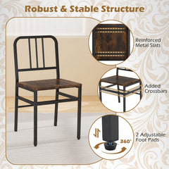 Set of 4 Metal Dining Chairs with Slatted Back and Rustic Brown Wood Grain Seat, Black Frame