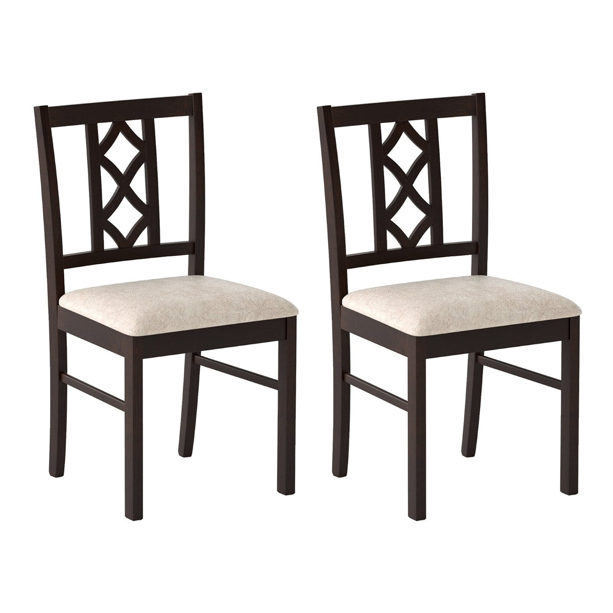 Set of 2 Dining Chairs with Diamond Lattice Back, Espresso Rubber Wood and Beige Faux Linen Seat