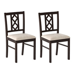 Set of 2 Dining Chairs with Diamond Lattice Back, Espresso Rubber Wood and Beige Faux Linen Seat