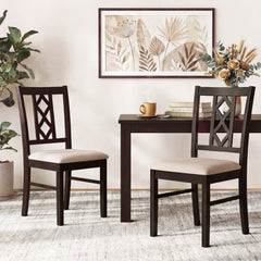 Set of 2 Dining Chairs with Diamond Lattice Back, Espresso Rubber Wood and Beige Faux Linen Seat