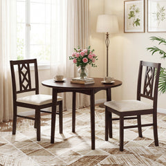 Set of 2 Dining Chairs with Diamond Lattice Back, Espresso Rubber Wood and Beige Faux Linen Seat