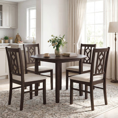 Set of 2 Dining Chairs with Diamond Lattice Back, Espresso Rubber Wood and Beige Faux Linen Seat