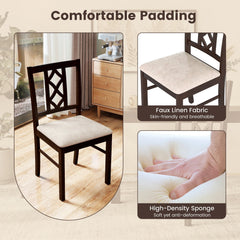 Set of 2 Dining Chairs with Diamond Lattice Back, Espresso Rubber Wood and Beige Faux Linen Seat
