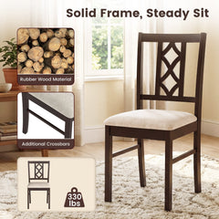 Set of 2 Dining Chairs with Diamond Lattice Back, Espresso Rubber Wood and Beige Faux Linen Seat