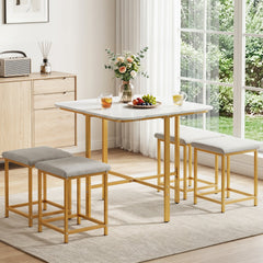 Dining Table Set with 4 Upholstered Stools and Metal Frame-White & Golden