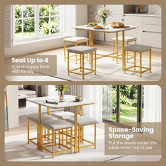Dining Table Set with 4 Upholstered Stools and Metal Frame-White & Golden